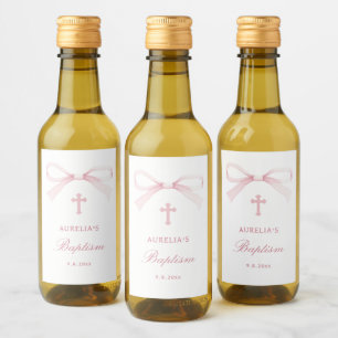 Étiquettes Pour Bouteilles De Vin Nœud de baptême rose aquarelle petit