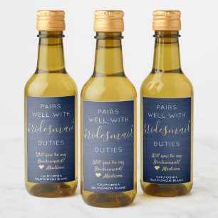 Étiquettes Pour Bouteilles De Vin Pairs Well Bridesmaid Proposition Marine Blue Gold