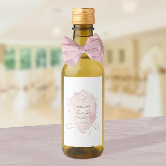 Étiquettes Pour Bouteilles De Vin Première communion de la crête d'aquarelle rose (Créateur téléchargé)