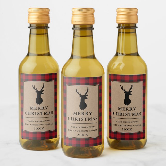 Étiquettes Pour Bouteilles De Vin Russe Rouge Plaid Joyeux Noël Kraft Mini (Bouteilles)