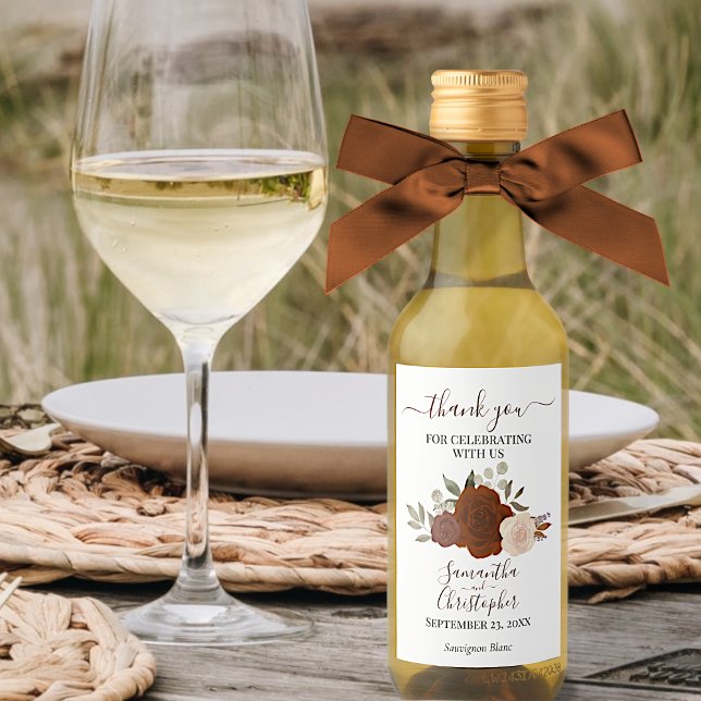 Étiquettes Pour Bouteilles De Vin Rust Orange Roses Élégant Merci de mariage Mini (Créateur téléchargé)