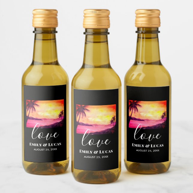 Étiquettes Pour Bouteilles De Vin Thème mariage Plage tropicale Coucher de soleil Co (Bouteilles)