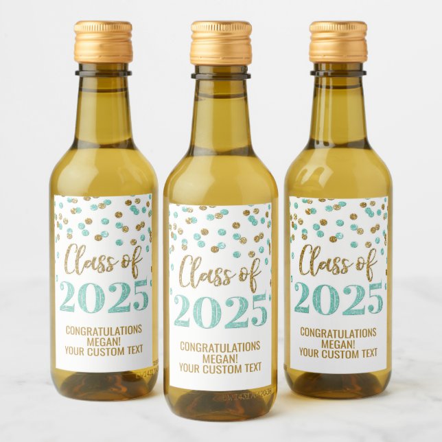 Étiquettes Pour Bouteilles De Vin Turquoise Gold Parties scintillant Classe de 2025  (Bouteilles)