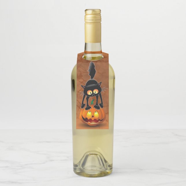 Étiquettes Pour Bouteilles Dessin d'Halloween au chat effrayé sur Citrouille (Sur bouteille)