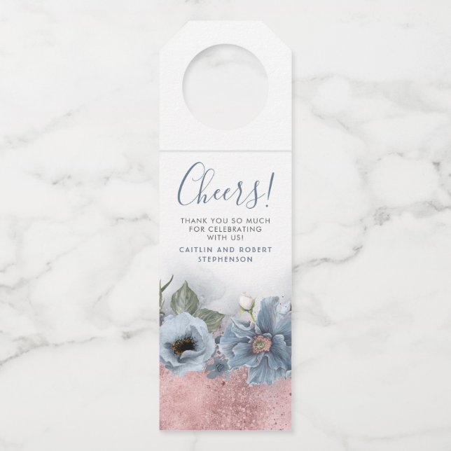 Étiquettes Pour Bouteilles Dusty Blue et Rose Gold Parties scintillant Mariag (Devant)