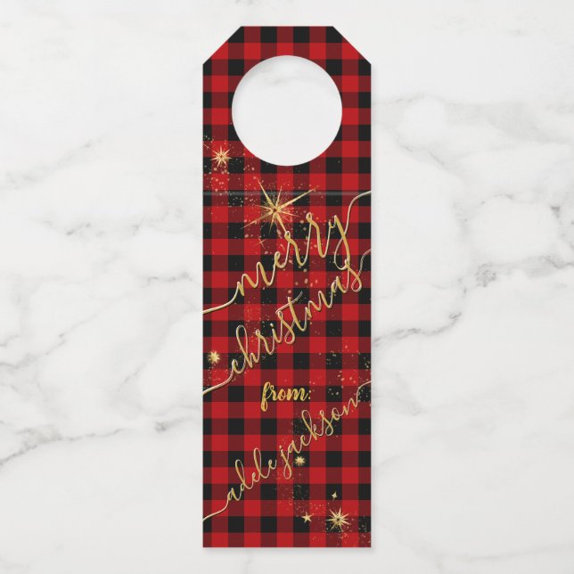 Étiquettes Pour Bouteilles Écriture dorée moderne Buffalo Plaid Joyeux Noël (Devant)