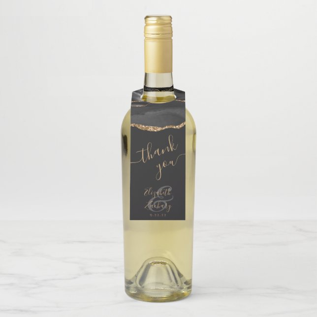 Étiquettes Pour Bouteilles Élégant Agate noir or noir Mariage foncé Merci (Sur bouteille)
