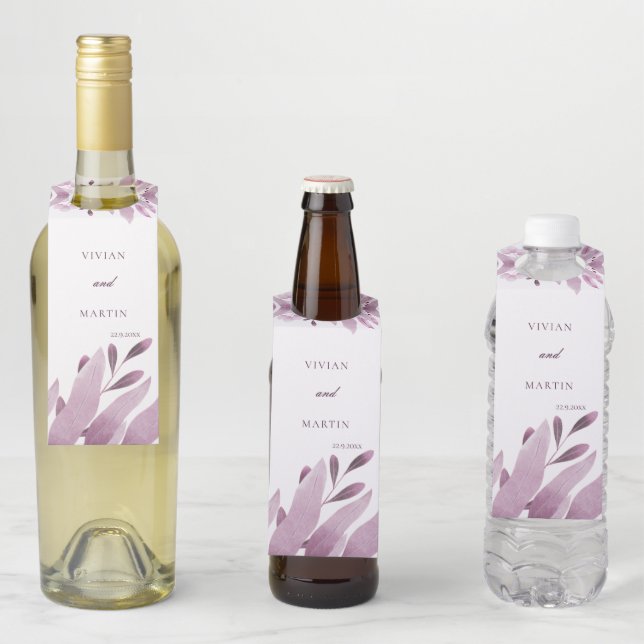 Étiquettes Pour Bouteilles Élégant Mariage à grandes feuilles de Bourgogne (En situation)