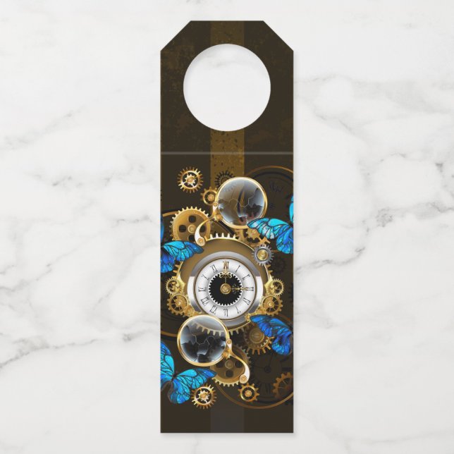 Étiquettes Pour Bouteilles Engrenages Steampunk et papillons bleus (Devant)
