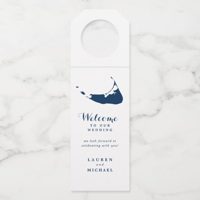 Étiquettes Pour Bouteilles Faveur de mariage bleu marine de l'île de Nantucke (Devant)