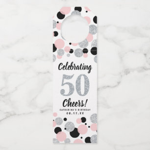 Étiquettes Pour Bouteilles Fête des 50 ans Confettis Noir Rose Argent Brillan