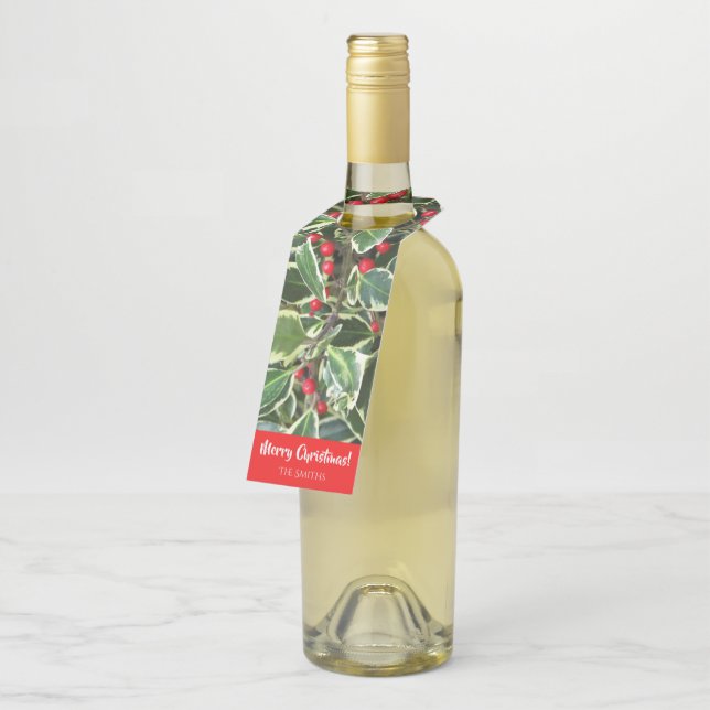 Étiquettes Pour Bouteilles Feuilles de houx et baies rouges de vacances (Incliné)