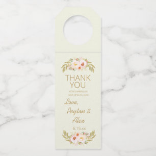 Étiquettes Pour Bouteilles Feuilles dorées Fleurs roses Crème ivoire Remercie