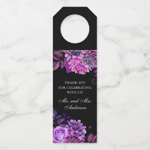 Étiquettes Pour Bouteilles Fleurs d'aquarelle violet. Mariage noir merci