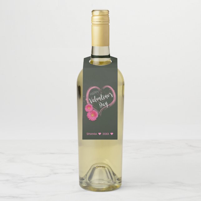 Étiquettes Pour Bouteilles Fleurs de Coeur Rose Saint-Valentin (Sur bouteille)