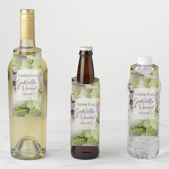 Étiquettes Pour Bouteilles Fleurs d'hortensia presque roses Mariage (En situation)