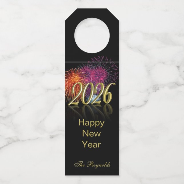 Étiquettes Pour Bouteilles Gold Happy New Year 2026 Fireworks (Devant)