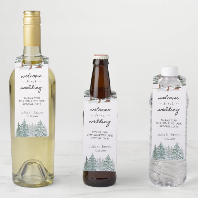 Étiquettes Pour Bouteilles Hiver Pins Rustiques Lanterne Mariage botanique (En situation)