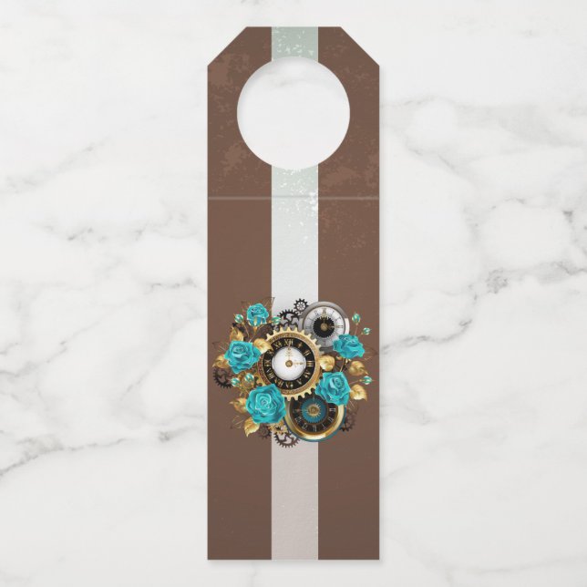 Étiquettes Pour Bouteilles Horloge Steampunk et roses turquoise sur fond rayé (Devant)