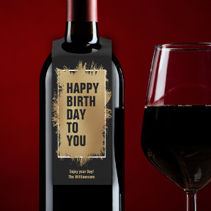 Étiquettes Pour Bouteilles Joyeux Anniversaire Texte Feuille d'Or sur Noir