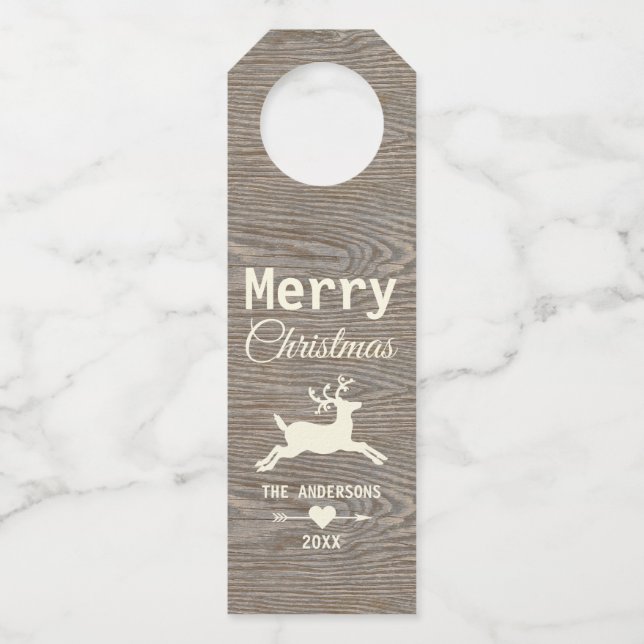 Étiquettes Pour Bouteilles Joyeux rennes de Noël Bois Patiné rustique (Devant)