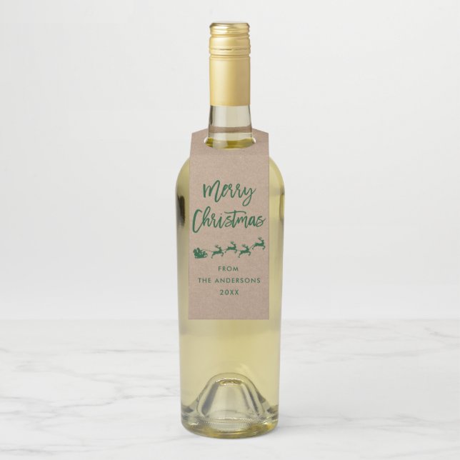 Étiquettes Pour Bouteilles Kraft écriture moderne pinceau Joyeux Noël Vert (Sur bouteille)