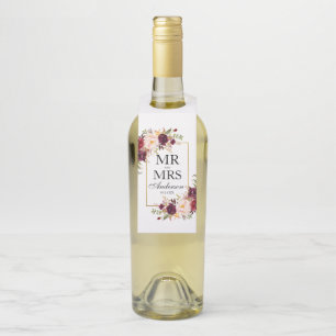 Étiquettes Pour Bouteilles M. et Mme Burgundy Floral Mariage