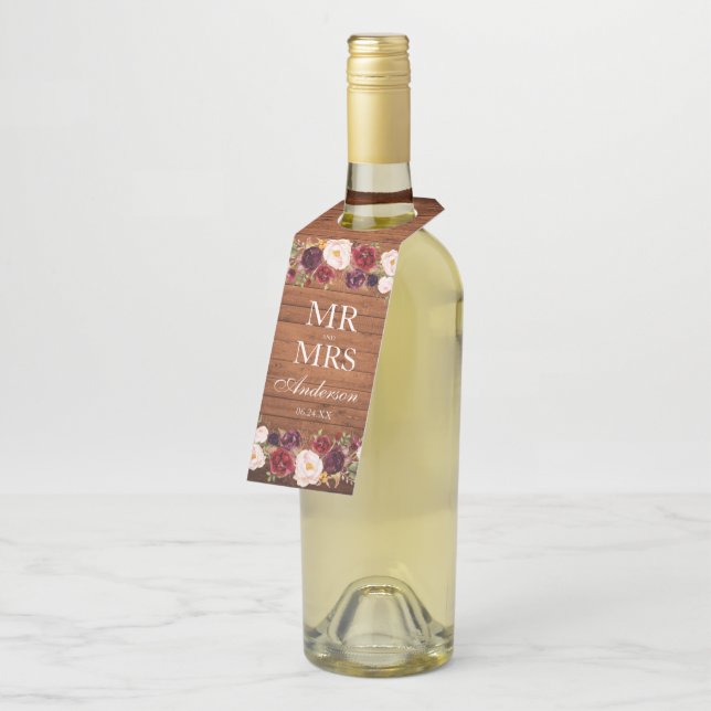 Étiquettes Pour Bouteilles M. et Mme Rustique Bois Bourgogne Fleurs Mariage (Incliné)