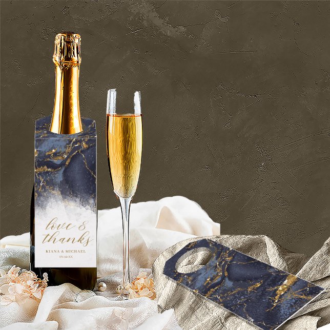 Étiquettes Pour Bouteilles Marbre Parties scintillant Mariage Merci Marine Bl (Front/Back In Situ)
