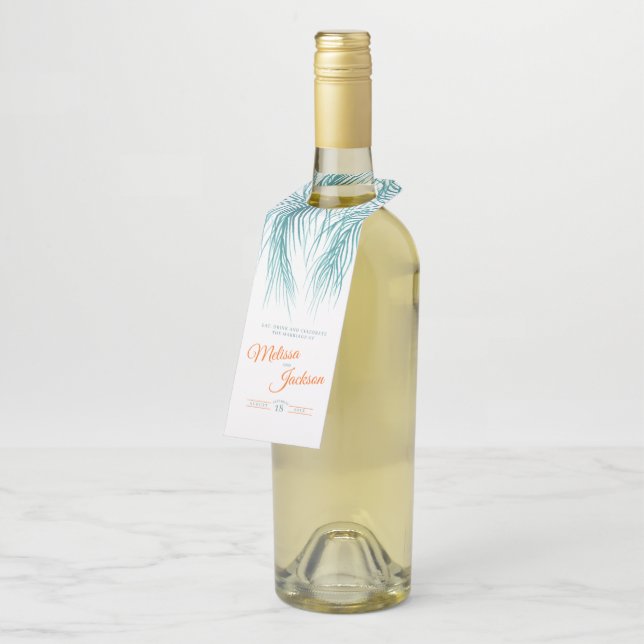 Étiquettes Pour Bouteilles Mariage aquarelle tropical vert rose palme  (Incliné)