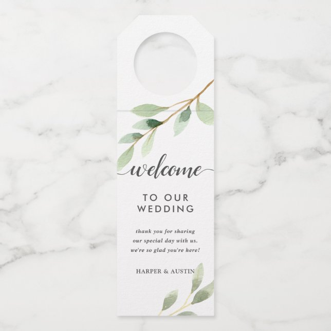 Étiquettes Pour Bouteilles Mariage Botanique Feuillage Vert (Devant)