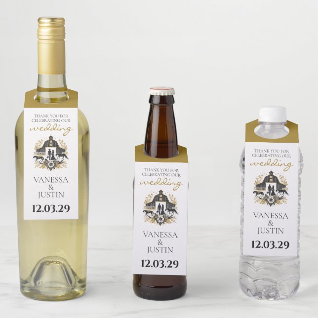 Étiquettes Pour Bouteilles Mariage campagnard noir et or (En situation)