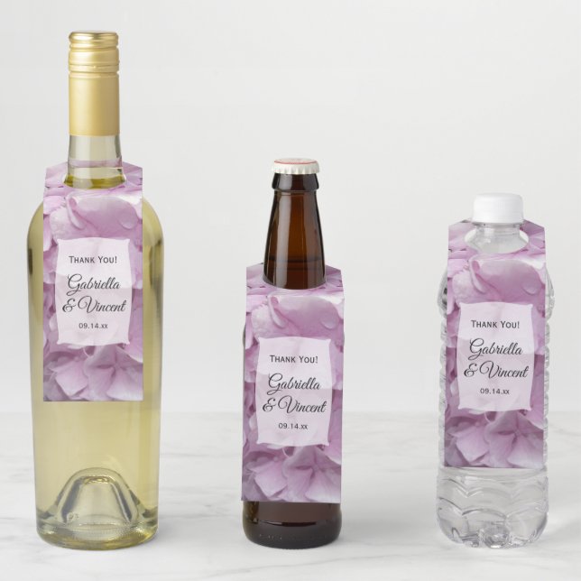 Étiquettes Pour Bouteilles Mariage de fleurs d'Hydrangée rose douce (En situation)