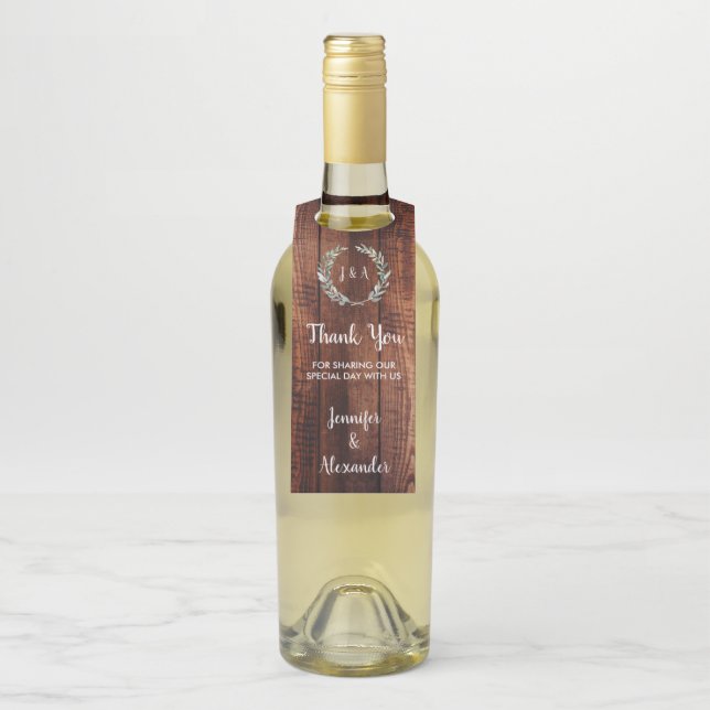 Étiquettes Pour Bouteilles Mariage de Merci de bois rustique feuille (Sur bouteille)