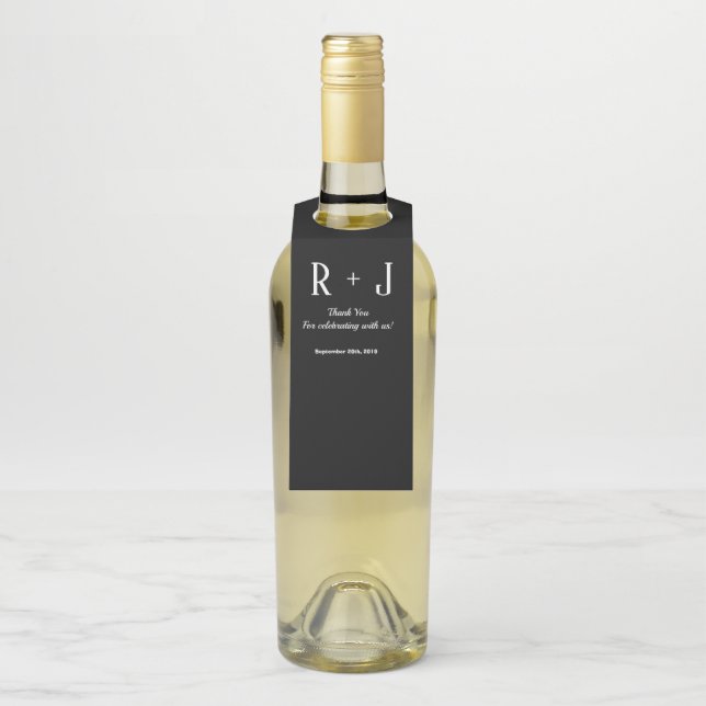 Étiquettes Pour Bouteilles Mariage de Merci de Monogramme noir et blanc perso (Sur bouteille)