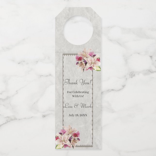 Étiquettes Pour Bouteilles Mariage en marbre blanc Lily Floral (Devant)