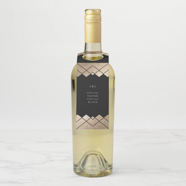 Étiquettes Pour Bouteilles Mariage Gatsby d'or noir géométrique (Sur bouteille)