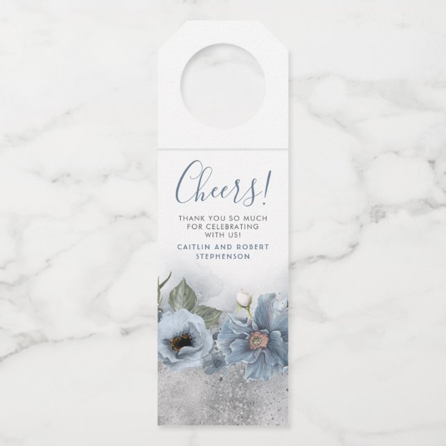 Étiquettes Pour Bouteilles Mariage Moderne Poussiéreux Bleu et Argent Paillet (Devant)
