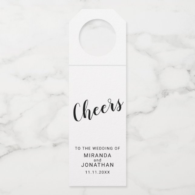 Étiquettes Pour Bouteilles Mariage rustique avec écriture moderne 'Cheers' (Devant)