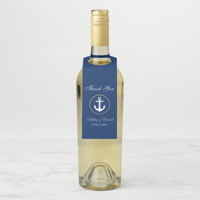 Étiquettes Pour Bouteilles Mariage Thème Marin Bleu Nuit Or Remerciement (Sur bouteille)
