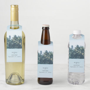 Étiquettes Pour Bouteilles Mariage tropical à l'aquarelle Palmiers & Plage