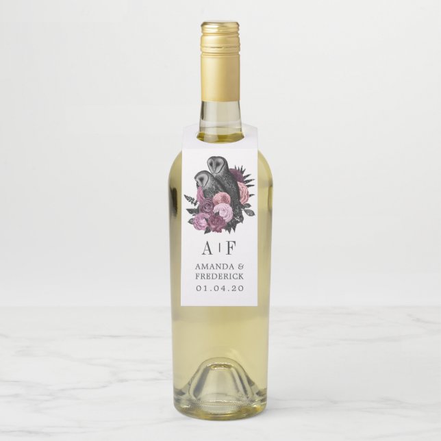 Étiquettes Pour Bouteilles Mauve Floral Glam Gothique Hiboux Mariage Bouteill (Sur bouteille)
