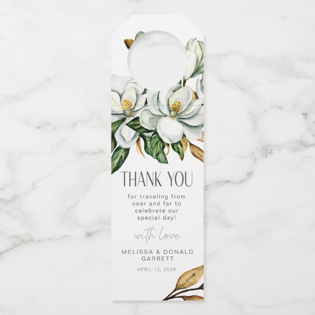 Étiquettes Pour Bouteilles Merci de Mariage floral Magnolia blanc (Devant)
