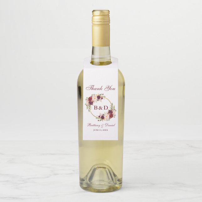 Étiquettes Pour Bouteilles Monogramme Mariage de germes floraux de Bourgogne (Sur bouteille)