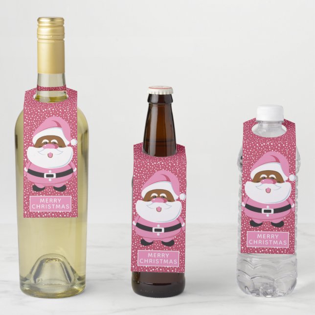 Étiquettes Pour Bouteilles Noël au Père Noël afro-américain rose mignon (En situation)