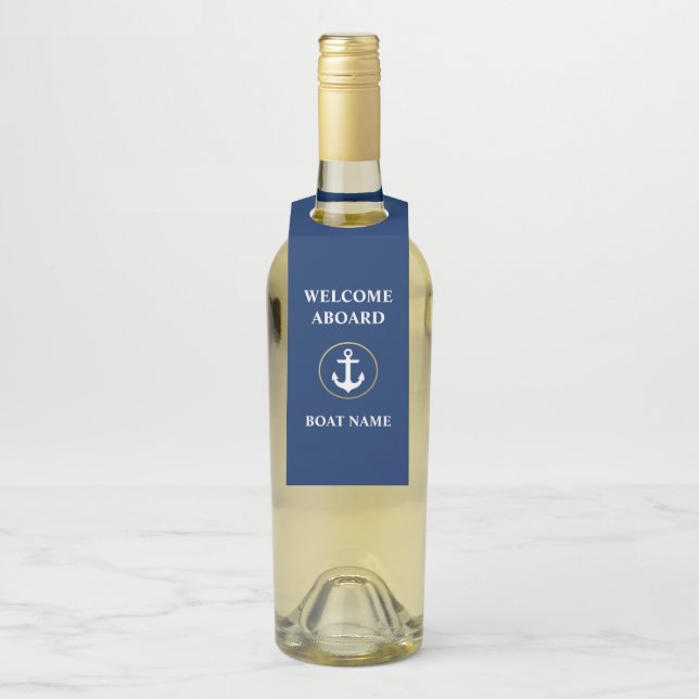 Étiquettes Pour Bouteilles Nom du bateau Bienvenue à bord bleu marine (Sur bouteille)