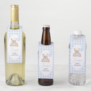 Étiquettes Pour Bouteilles Ours bleu Teddy En vichy Bow Baby Boy Douche