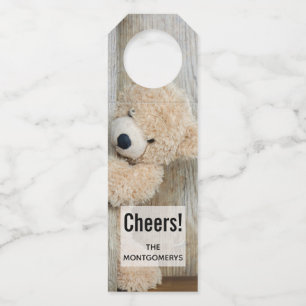 Étiquettes Pour Bouteilles Ours en peluche mignon Mur en bois rustique