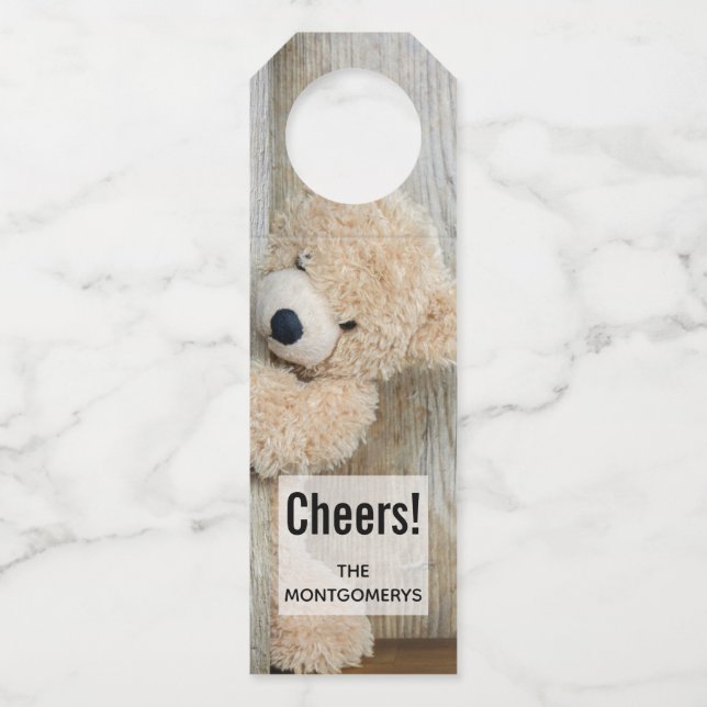 Étiquettes Pour Bouteilles Ours en peluche mignon Mur en bois rustique (Devant)