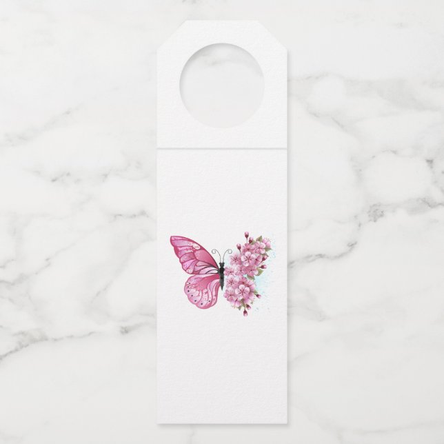Étiquettes Pour Bouteilles Papillon de Fleur avec Sakura Rose (Devant)